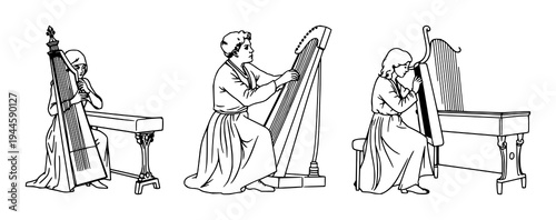 Harpsichord player set with a continuous line art drawing featuring Baroque music, classical instrument, single stroke with elegant design and artistic illustration