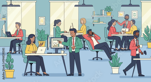 An illustrative depiction of a diverse team of professionals actively working and collaborating within a modern, open-plan office setting, fostering productivity.