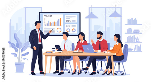 A business professional presents critical data and strategic plans to an attentive, diverse team, fostering collaboration and discussion in a modern corporate office.