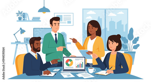 Diverse business professionals collaborate in a modern office, analyzing data and strategizing for success during an important team meeting.
