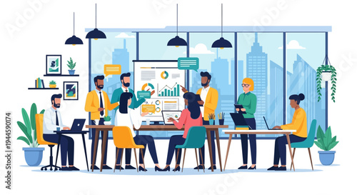 A diverse team of professionals collaborates in a modern office, analyzing data and discussing strategies for business growth and success.
