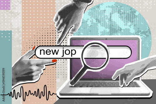 Trendy halftone collage with a laptop and a hands pointing on laptop. New Job searching	