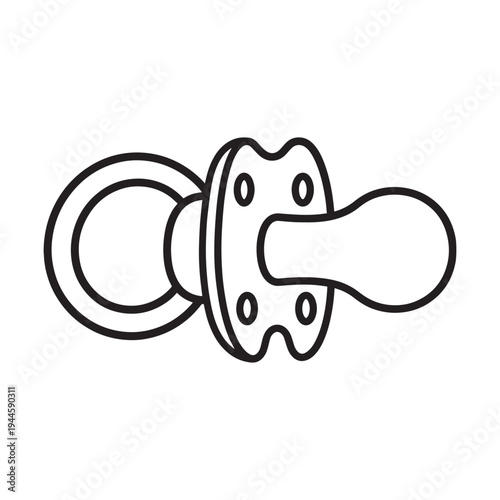 Minimalist black and white outline drawing of a classic infant pacifier with a circular handle, shield, and nipple for coloring activities.