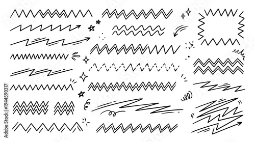 Hand drawn doodle vector set of zigzag underlines in fun sketchy ink pen style with clean black outlines isolated on white background