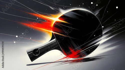 Stylized Table Tennis Paddle With Explosive Light and Paint Streaks, Modern Abstract Ping Pong Sports Illustration for Dynamic Competition Concept