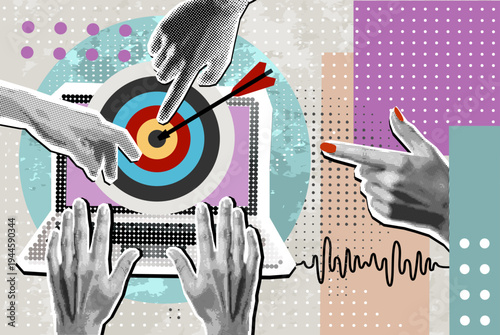 Retro Halftone Collage. Laptop with arrow on target circle. Target bullseye or arrow on target. The online business grows according to the goals set. Business market concept. Modern photo collage