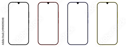 Collection of four colorful smartphone mockups with teardrop notch displays and blank transparent screens isolated on transparent background