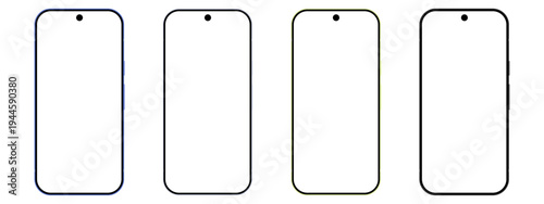 Set of four modern smartphones with hole punch camera displays and blank transparent screens isolated on transparent background