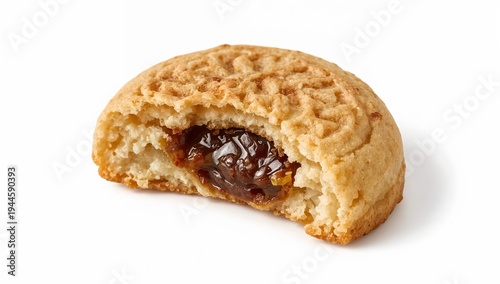 Mamoul cookie with date filling and traditional middle eastern pattern on white background