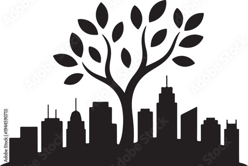 Eco City Tree Skyline Icon – Sustainable Urban Nature Silhouette Vector