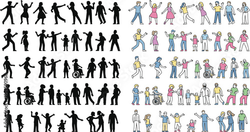 Diverse people silhouettes and flat line characters including children, elderly, disabled individuals in wheelchair, and families in various poses.