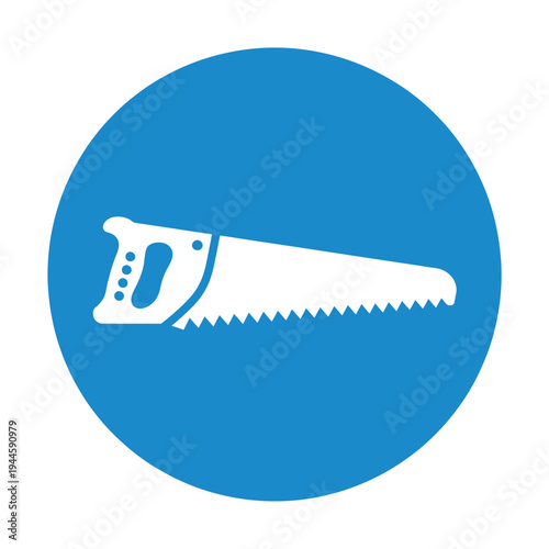 White saw vector icon is centered on a solid blue circular background