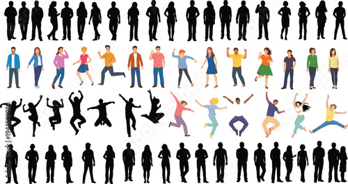 Diverse people silhouettes and colorful flat characters standing, walking, jumping, and celebrating together in a large creative collection.