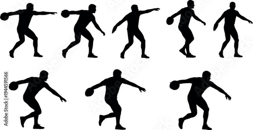 Male athlete throwing discus silhouettes in various dynamic poses isolated on white background for track and field sports competition design