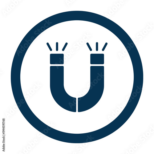 Blue circular vector icon featuring a stylized magnet with magnetic field lines