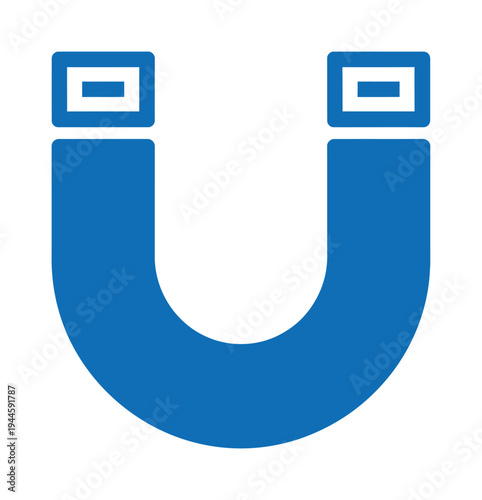 Blue vector horseshoe magnet icon with a strong magnetic field
