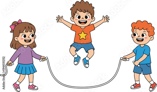 Cartoon children jump rope illustration, kids playing outdoor skipping game together, cheerful teamwork and fitness clipart design