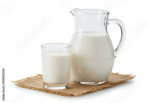 Glass jug and cup of milk on burlap mat white background
