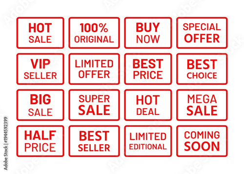 Red marketing retail badge. Sale product mark. Sold out emblem in frame. Sale stamp imprint. Set rectangle best price stickers. New arrival label in border. Text box with buy tags. Vector illustration