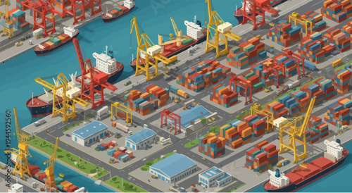 Isometric Cargo Port with Cranes, Ships, and Containers