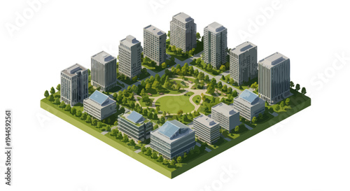 Modern Cityscape with Green Park and Office Buildings, Isometric View