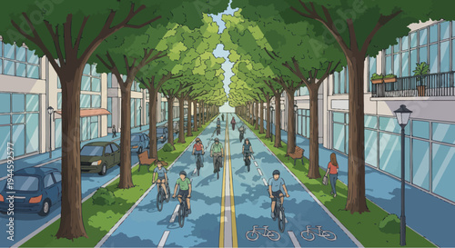 Bicycle Lane in City Street with Green Trees and Modern Buildings