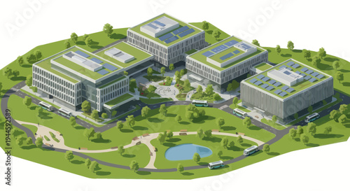 Modern Eco-Friendly Office Campus with Green Roofs and Solar Panels