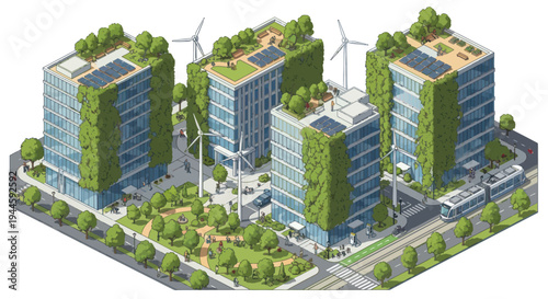 Eco-friendly city buildings with green roofs, vertical gardens, solar panels, and wind turbines.