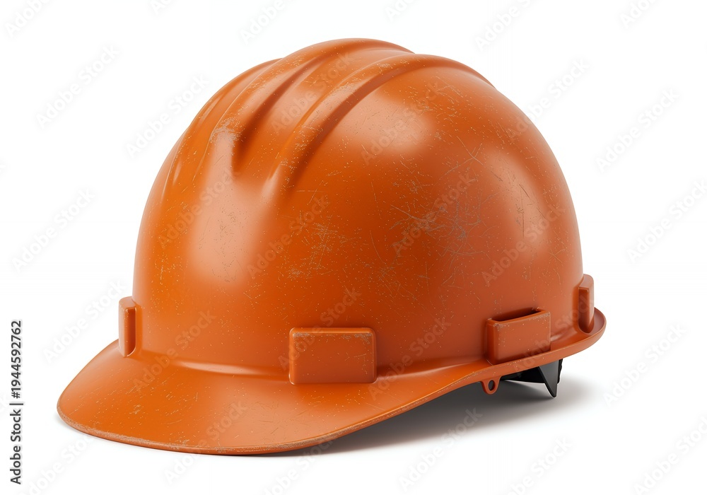 Fototapeta premium Orange hard hat with scratched surface and black chin strap