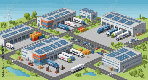 Isometric logistics center with warehouses, trucks, solar panels, and windmill.