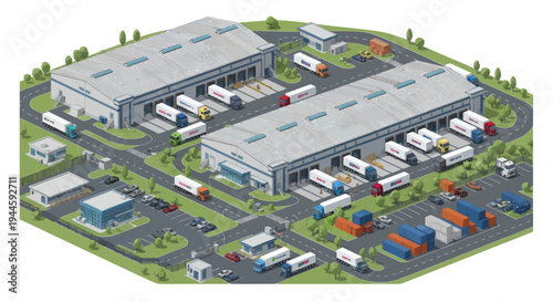 Isometric Logistics Warehouse Complex with Trucks and Shipping Containers