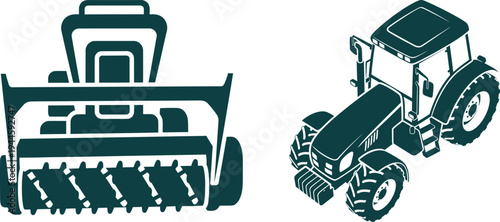Agricultural Harvester and Tractor Icons on White Background Keywords: agriculture, farming, equipment, machinery, harvester
