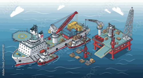 Offshore Oil Platform Construction with Support Vessels and Helicopters