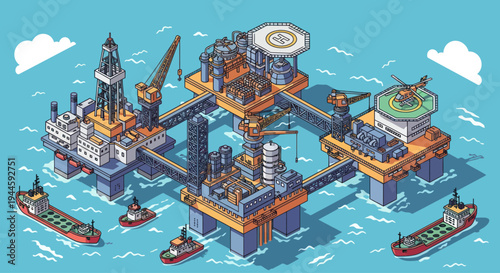 Offshore oil rig platform complex with supply boats and tankers in the ocean