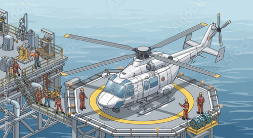 Pixel Art Helicopter Landing on Offshore Oil Rig Helipad