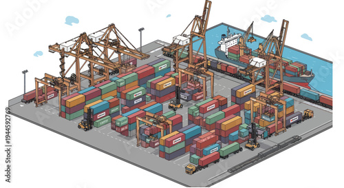 Busy Shipping Port with Cranes, Cargo Containers, and Ships
