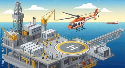 Offshore oil rig with helicopter landing and workers, industrial offshore platform, oil and gas extraction