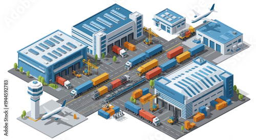 Isometric Logistics Hub: Trucks, Containers, Warehouses, Airport, Cranes & Cargo