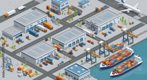 Isometric Logistics Hub: Ships, Trucks, Cargo, and Warehouses with Airplane