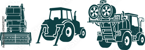 Agricultural machinery silhouettes including a combine harvester and tractors farm equipment