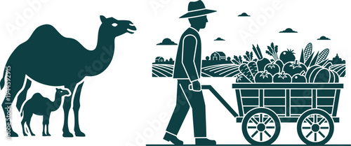 Farmer Pushing Cart of Produce with Camels and Farm Scene vegetables fruits