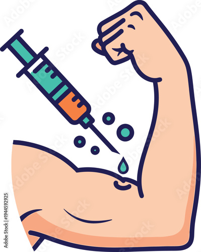 Syringe injection into strong muscular arm for vaccination or medication