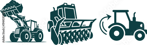 Front Loader, Cultivator Tractor, and Turning Tractor Icons construction machinery