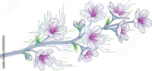 Futuristic floral branch with circuit board design and binary code elements