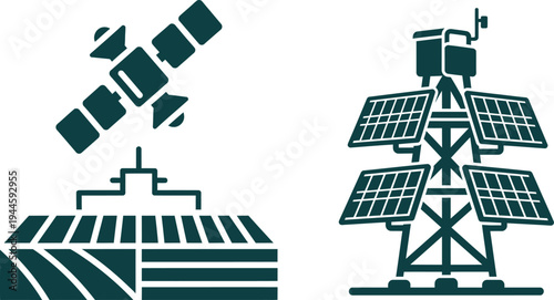 Satellite and solar panel tower icons space communication