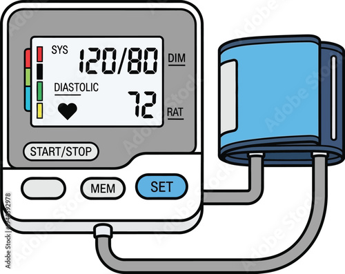 Digital blood pressure monitor displaying 120/80 systolic and diastolic readings with cuff