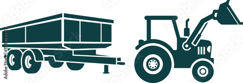 Teal tractor with front loader and agricultural trailer graphic agriculture farm
