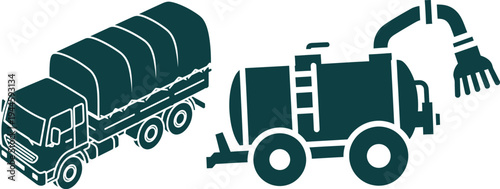Teal truck with tarp and tanker truck with hose graphic icons vehicle