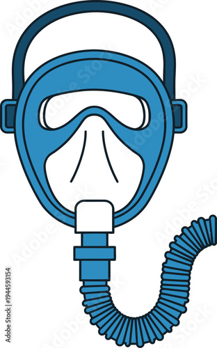 Blue and white medical ventilator mask with tubing, respiratory support equipment