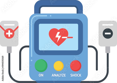 Automated external defibrillator machine with heart and shock symbol on screen